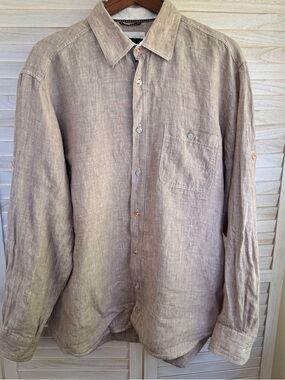 Bugatchi Uomo Linen Dress Shirt Mens XL Button Up Roll Tab Long Sleeve Brown